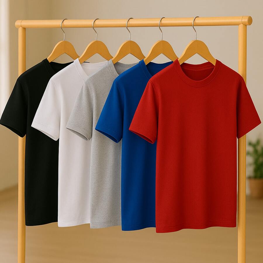 KIT 5 Basic Plain T-Shirts 100% Cotton 30.1 Unisex - 黑色+白色+灰色+紅色+寶藍色 - 查看 1
