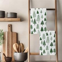 2pcs Christmas Winter Minimalist Christmas Tree & Pine Pattern Kitchen Towels, Soft Polyester Material Dish Cloths, Suitable For Kitchen Decor, Kitchen Cleaning, Holiday Party Decoration, Kitchen & Bathroom Essentials, Home Decor, Housewarming Gift