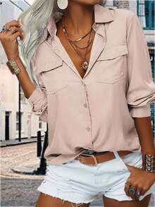 Womens Basic Solid Lapel Long Sleeves Button Down Casual Office Blouse Shirt Top - Apricot - View 2