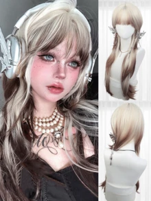 Ombre Blonde To Brown Multi - Level Long Straight Wig With Bangs - Heat Resistant Synthetic Hair For Women Fashion Cosplay Halloween Christmas Party Daily Wear - Brown Highlight - View 2