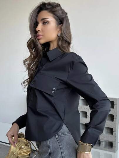 Women's Fashionable Black Woven Shirt, Shirt Collar, Long Sleeve, Front Button Design, Regular Length Spring