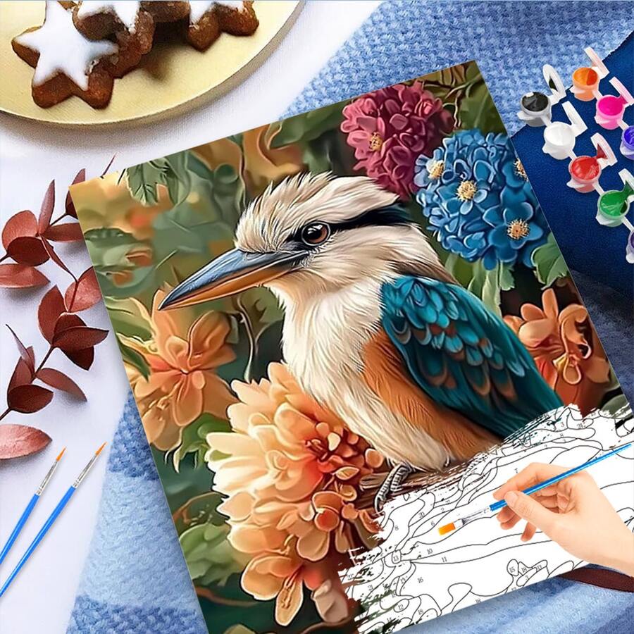 一套花卉灌木蜂鸟编号油画，适合初学者，帆布油画，简约手绘图案，家居装饰，40x50厘米/16x20英寸，不含画框