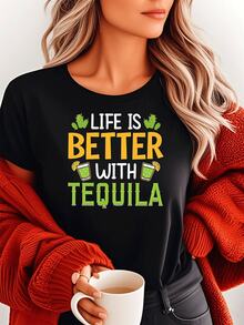 Camiseta gráfica de tequila para mujer, La vida es mejor, elegante camiseta informal de manga corta, top estilo resort de verano, mezcla de algodón ligero, corte holgado, perfecta para divertirse, talla grande - Negro - Ver 2