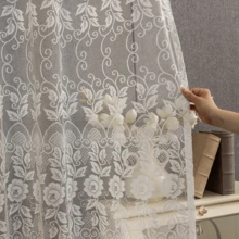 1 pieza Cortina transparente bordada de estilo europeo de lujo, elegante cortina decorativa para ventana de sala de estar/dormitorio, color blanco, translúcida, de alta gama