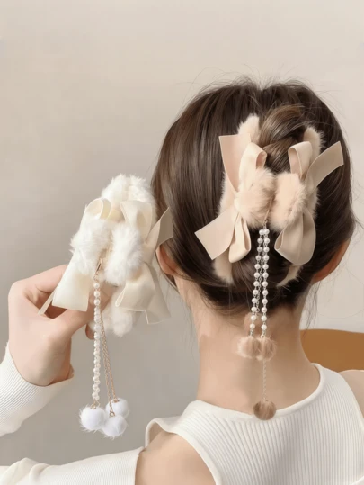1个秋冬蝴蝶结发夹，毛绒爪夹，女士发夹，枕部发饰，大号爪夹，珍珠球，流苏发饰，优雅爪夹，冬季女士发饰