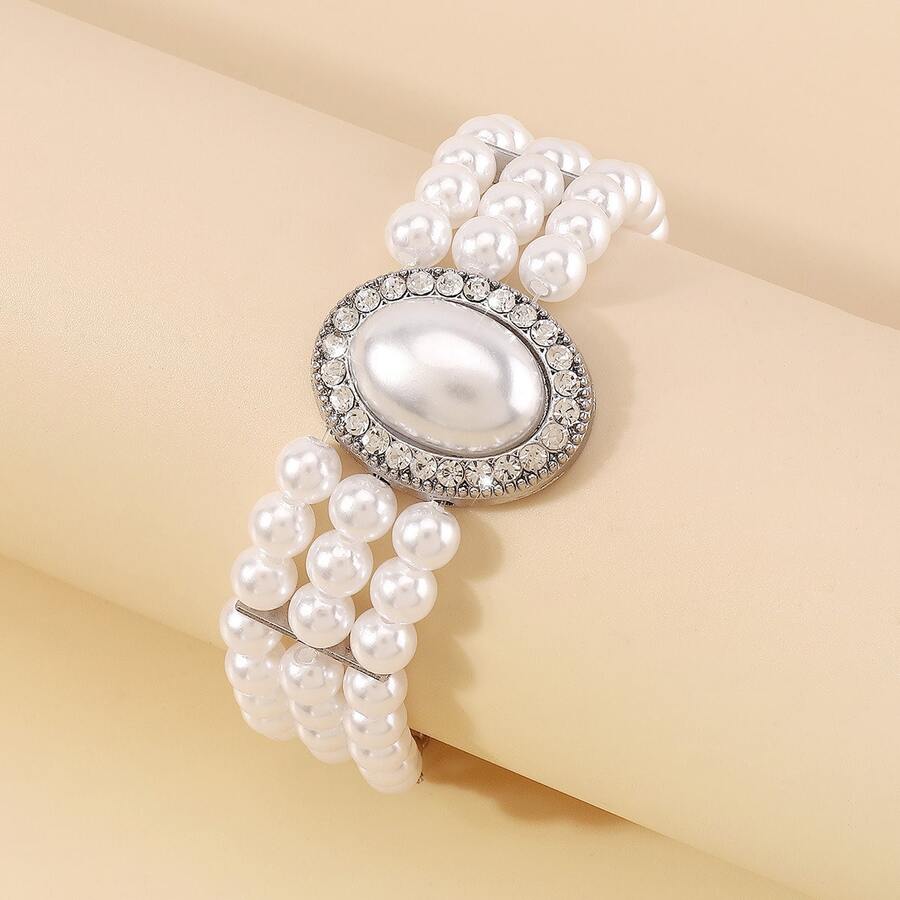 Mydear 1 件优雅珍珠和人造钻石合金手链，适合女性日常佩戴 - 白K+白色 - 查看 1