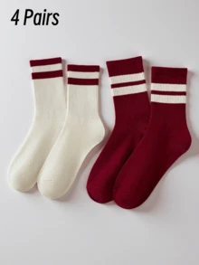 1/4 双装 时尚红白加厚女袜，简约针织中筒袜，柔软