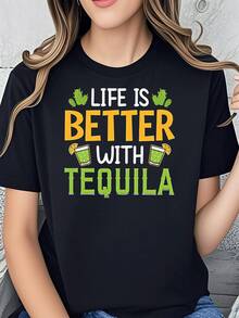 Camiseta gráfica de tequila para mujer, La vida es mejor, elegante camiseta informal de manga corta, top estilo resort de verano, mezcla de algodón ligero, corte holgado, perfecta para divertirse, talla grande - Negro - Ver 1
