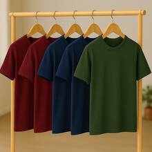 KIT 5 Basic Plain T-Shirts 100% Cotton 30.1 Unisex - 勃根地酒紅+勃根地酒紅+藏青色+藏青色+軍綠色 - 查看 1