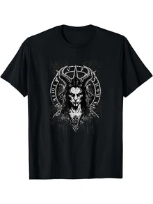 Baphomet Graphic Digital Printed T Shirt 220g 1Pcs Stylish Men's Casual Short Sleeve 100% Cotton Tee Occult Satanic TShirt, Dark Aesthetic Gothic Fashion Style - Black - View 1