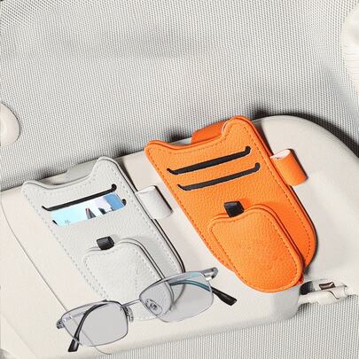 1 件猫耳 PU 皮革遮阳板收纳盒 - 多功能夹子，可夹眼镜、卡片、笔、紧凑型节省空间的汽车配件、超细纤维 PU 皮革、遮阳板收纳盒 | 现代汽车配件 | 拉链封口、遮阳板夹