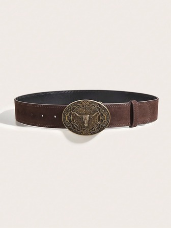 1pc Men's Retro Bull Head Buckle Belt, Classic PU Leather Fashion Accessory, Western Style Suitable For S, Daily Wear