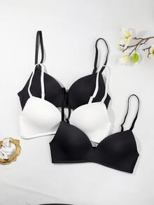 3 件套女士无钢圈提升文胸 - 无缝舒适，柔软透气面料，无钢圈和可拆卸肩带，纯色适合日常和场合穿着，舒适内衣，精致内衣，光滑质地文胸，灵活贴合文胸 - 彩色 - 查看 3