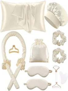 Zestaw 12 akcesoriów do stylizacji włosów do spania, lokówka, 1 szt. jedwabna poszewka na poduszkę do włosów i skóry Queen, jedwabny zestaw do kręcenia loków bez użycia ciepła, lokówka na noc, 1 szt. miękka maska na oczy do spania, 1 szt. jedwabny czepek na noc, zestaw akcesoriów do spania, akcesoria do włosów dla kobiet, wałek do masażu twarzy dla kobiet, stylizacja włosów, akcesoria do włosów, produkty do kręconych włosów, zestaw do stylizacji włosów, zestaw narzędzi do włosów, powrót do szkoły, niezbędne ręczniki podróżne, wakacyjne, do salonu kosmetycznego, hotelowe, sportowe, artykuły gospodarstwa domowego, ręcznik, pielęgnacja skóry