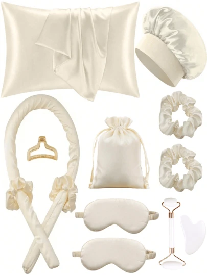 12-delige set haarstylingtools voor slapen, krultang, 1 zijden kussensloop voor haar en huid, set van zijden krultang zonder warmte, krultang voor 's nachts, 1 slaapzacht oogmasker, 1 zijden slaapmuts, essentiële set voor slapen, haaraccessoires voor vrouwen, gezichtsmassageroller voor vrouwen, haarstyling, haarverzorgingsproducten, producten voor krullend haar, haarstylingset, haargereedschapset, terug naar school, essentiële reisbenodigdheden voor vakantie, douchehanddoeken voor schoonheidssalons, hotelsporten, essentiële huishoudelijke artikelen, handdoek, huidverzorging
