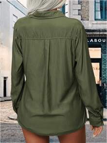 YOUSIFY Womens Basic Solid Lapel Long Sleeves Button Down Casual Office Blouse Shirt Top - 軍綠色 - 查看 4