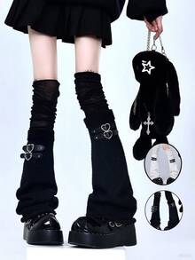 1 para skórzanych, sznurowanych rajstop z szerokimi nogawkami w stylu punk, czarne rajstopy za kolano COS, rajstopy za kolano Y2K Subculture i JK, uniwersalne jesienne dodatki