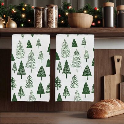2pcs Christmas Winter Minimalist Christmas Tree & Pine Pattern Kitchen Towels, Soft Polyester Material Dish Cloths, Suitable For Kitchen Decor, Kitchen Cleaning, Holiday Party Decoration, Kitchen & Bathroom Essentials, Home Decor, Housewarming Gift