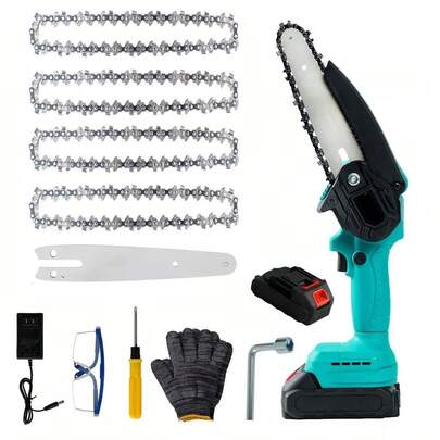 Motosierra Inalámbrica de Mano 6 Pulgadas, con 4 Cadenas y 1 Batería de Litio Recargable de 21V, 1 Par de guantes, 1 Gafas de protección,1 Cargador, Motosierra Eléctrica Portátil para Jardinería, Cortar Ramas de Arboles, Madera,Mini Motosierra Inalámbrica Portatil 6Inch 21v,Motosierra eléctrica recargable motosierra eléctrica multifunción portátil
