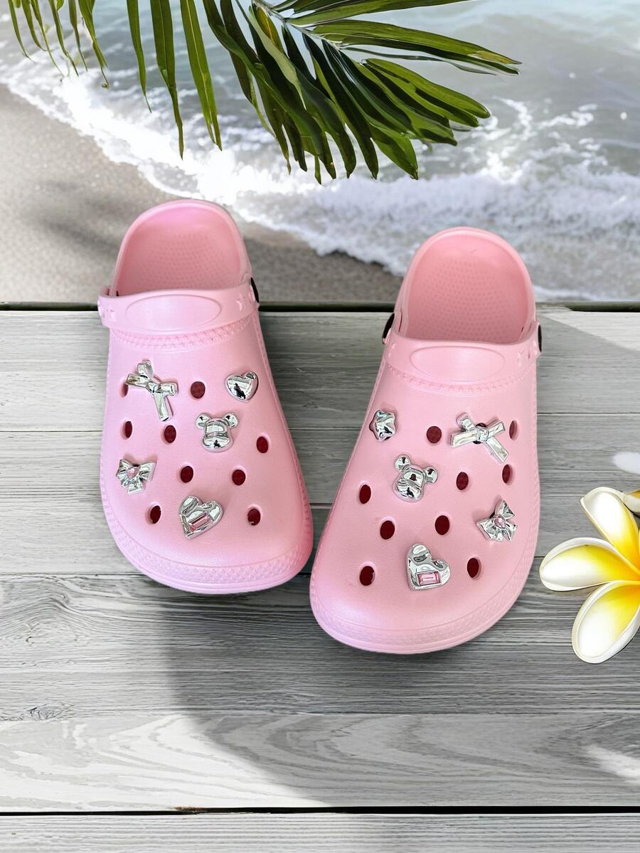 全新女式可爱熊镂空凉鞋，透气休闲室内/室外轻便百搭一脚蹬鞋