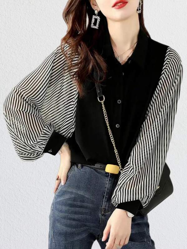 YUXIN 2025 Spring & Summer Korean - Style Striped Patchwork Shirt, Lantern - Sleeve Chiffon Patchwork, Loose & Slim, Daily Casual Top For Women