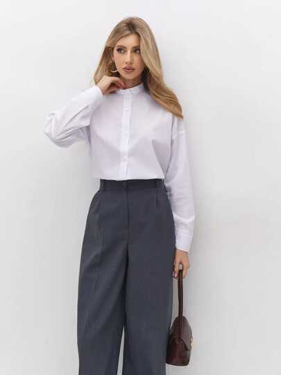 Women Classic White Woven Fabric Stand Collar Long Sleeve Button Front Shirt Perfect For Work Or Casual Wear Elegant Women Long Sleeve Stand Collar Shirt Blouse In Crisp Woven Fabric Regular Length Button Front Design Chic Women's White Stand Collar Blouse Long Sleeve Shirt Style Regular Length Button Details Non-Stretch Fabric