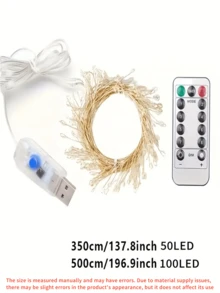 1串50/100瓦USB供电的闪光彩灯，带遥控器，8种灯光模式，可弯曲DIY造型，适用于卧室、派对、婚礼、花环装饰等。