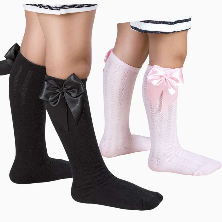 Children's 3/4 Party Socks 16-33 Satin Bow Long Shaft Youth Girl Baptism Wedding Flower Girl Social Dance Events Elegant Quality Soft Touch Coquette Korean School Drama - 黑色和粉紅色 - 查看 1