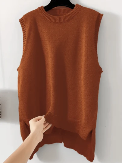休闲简约百搭通勤套头毛衣，圣诞节加大码女式无袖背心，春秋冬季时尚纯色圆领针织开衫，侧开衩设计，适合加大码女性
