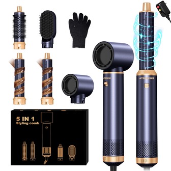 ATOPSKINS Estilizador de pelo multifunción 5 en 1: Secador de pelo iónico y rizador automático, que riza el cabello sin dañarlo, herramienta de peinado potente para un secado y peinado rápidos, excelente opción de regalo para vacaciones y viajes