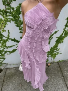 Women's Boho Halter Backless Maxi Dress Sleeveless High Waist Ruffled Party Prom Evening Dresses - 紫色 - 查看 4