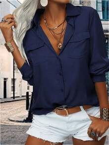 YOUSIFY Womens Basic Solid Lapel Long Sleeves Button Down Casual Office Blouse Shirt Top - 藏蓝色 - 查看 2