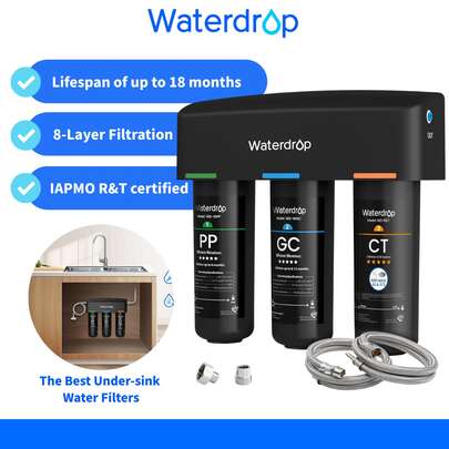 Waterdrop TSA undersink vattenfiltersystem, 3-stegs 0,5 mikron vattenfilter dricksvatten, NSF/ANSI 42 certifierad, tar bort 99,99 % bly, klor, kloramin, fluor, lukt, direkt anslutning