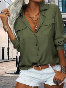 YOUSIFY Womens Basic Solid Lapel Long Sleeves Button Down Casual Office Blouse Shirt Top - 軍綠色 - 查看 2