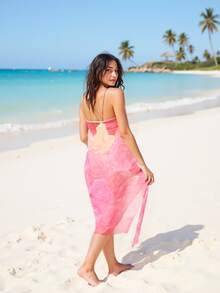 MADE IN TURKEY Patterned Knot Side Beach Cover Up – 75x140 Cm – Lightweight Printed Swim Sarong Wrap - Pink - View 3