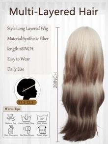 Ombre Blonde To Brown Multi - Level Long Straight Wig With Bangs - Heat Resistant Synthetic Hair For Women Fashion Cosplay Halloween Christmas Party Daily Wear - Brown Highlight - View 7