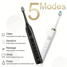 Escova de Dentes Elétrica 5 Modos 8 Cabeças de Escova Reposição Carregamento Sem Fio Grau Ipx7 À Prova d'Água Inclui Caixa de Viagem Casual Presente Ideal para Casa e Viagens de Adultos para Proteger a Saúde Bucal com Clareamento dos Dentes