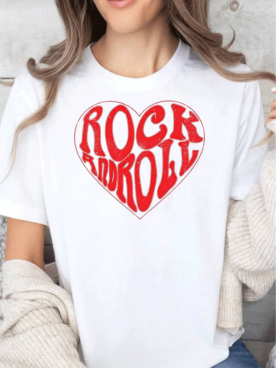 Camiseta con estampado de corazón de rock para mujer, estilo retro, para amantes de la música, de algodón suave y casual, moderna camiseta de manga corta con cuello redondo, cómoda y moderna para usar a diario. Talla extragrande. - Blanco - Ver 1