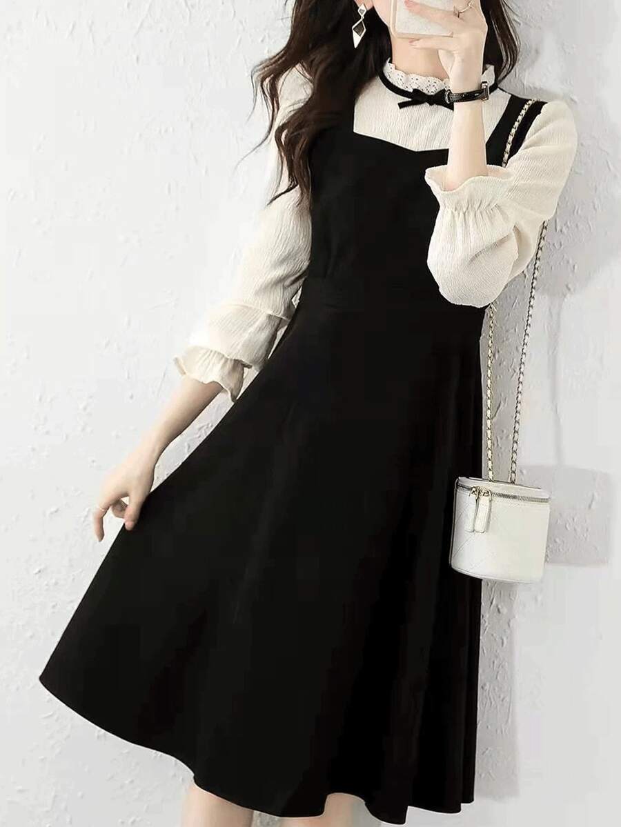 Women's Lace Dress, Long Sleeves, A-Line, Ruffles, Puff Sleeves, Knee-Length, Flattering, Stylish, Perfect For Spring, Autumn, And Winter