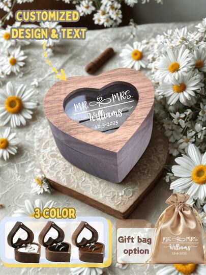 1pc Customized Valentine's Day Wooden Ring Box With Transparent Acrylic Cover, Can Be Used As Earring Box, Double Slot Ring Holder, Velvet Lining, Multiple Colors, Designs And Styles Available, Personalized Engagement Ring Box, Elegant Bridal Gift, Perfect For Storage And Display, Ideal For Proposals, Engagements, Weddings, Anniversaries, Valentine's Day, Mother's Day