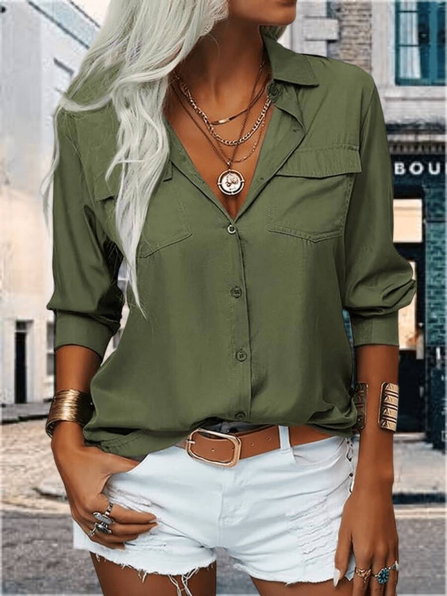 YOUSIFY Womens Basic Solid Lapel Long Sleeves Button Down Casual Office Blouse Shirt Top - 軍綠色 - 查看 1