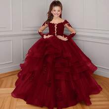 1pc Princess Long Sleeve Flower Girl Dresses Appliques Ruffles Tulle Pageant Dresses For Girls Kids Party Ball Gowns,First Communion Dress,Tween Girls Princess Dress,Birthday,Wedding Or Photoshoot Outfit,Dance Performance Dress,Piano Performance Dress,Perfect For Shows,Birthday Parties,Vacations,Pageant,Prom Dress - 酒紅色 - 查看 10