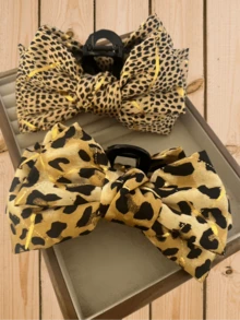 1 Piece Of Gold Border Print Leopard Print Bow Hair Clip, Large Back Head Hair Clip, Fashionable And Stylish Hair Accessory, Hair Claw, Ladies' Autumn And Winter Hair Accessory Winter Hair Clutch Elegant Claw Clips