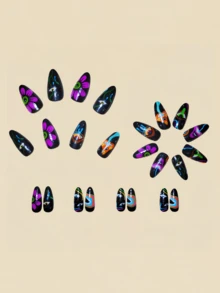 Peças de arte de unhas pretas em formato de amêndoa de comprimento médio com padrões de olho e flor estão vendendo bem no outono e inverno, Unhas postiças em formato de amêndoa, Unhas postiças de outono