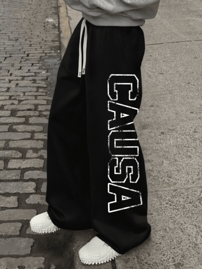 Oversized Buchstaben Muster Streetwear Stil Gerade Bein Jogginghose, ausgefranster Saum Streetwear Design, geeignet für alle Jahreszeiten, Loose Fit Unisex Lässig Jogginghose, Streetwear Mode, bequeme sportliche Hosen für Herren
