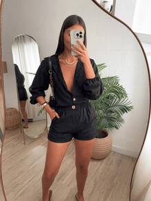 Women's Linen Set Long Sleeve Shorts And Shirt - 黑色 - 查看 2