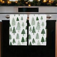 2pcs Christmas Winter Minimalist Christmas Tree & Pine Pattern Kitchen Towels, Soft Polyester Material Dish Cloths, Suitable For Kitchen Decor, Kitchen Cleaning, Holiday Party Decoration, Kitchen & Bathroom Essentials, Home Decor, Housewarming Gift