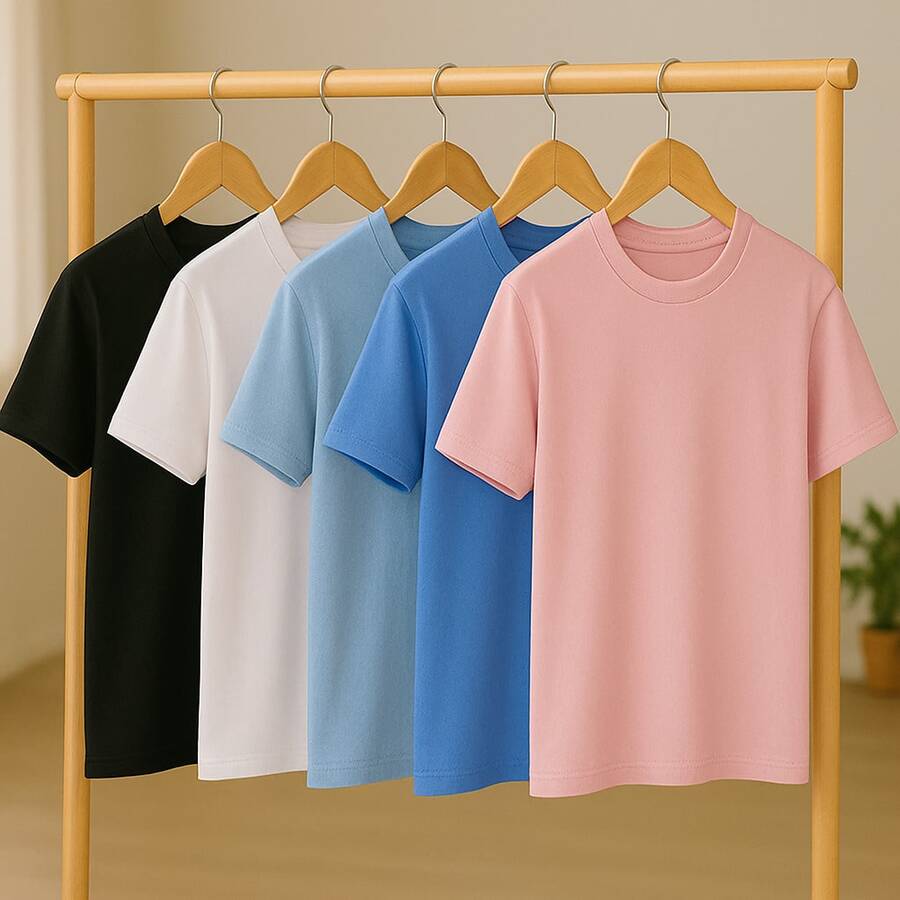 KIT 5 Basic Plain T-Shirts 100% Cotton 30.1 Unisex - 黑色+白色+淡藍色+寶藍色+淡粉紅色 - 查看 1