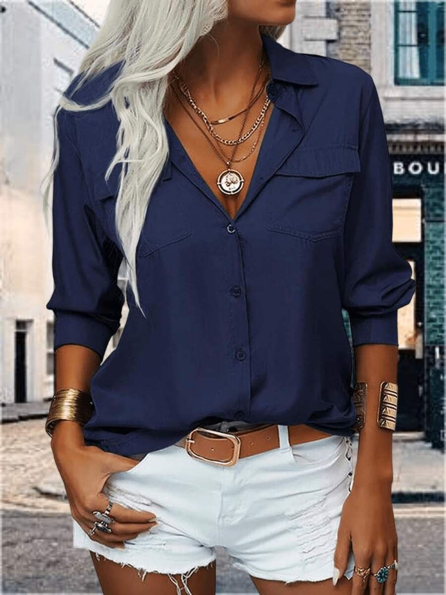 YOUSIFY Womens Basic Solid Lapel Long Sleeves Button Down Casual Office Blouse Shirt Top - 藏蓝色 - 查看 1