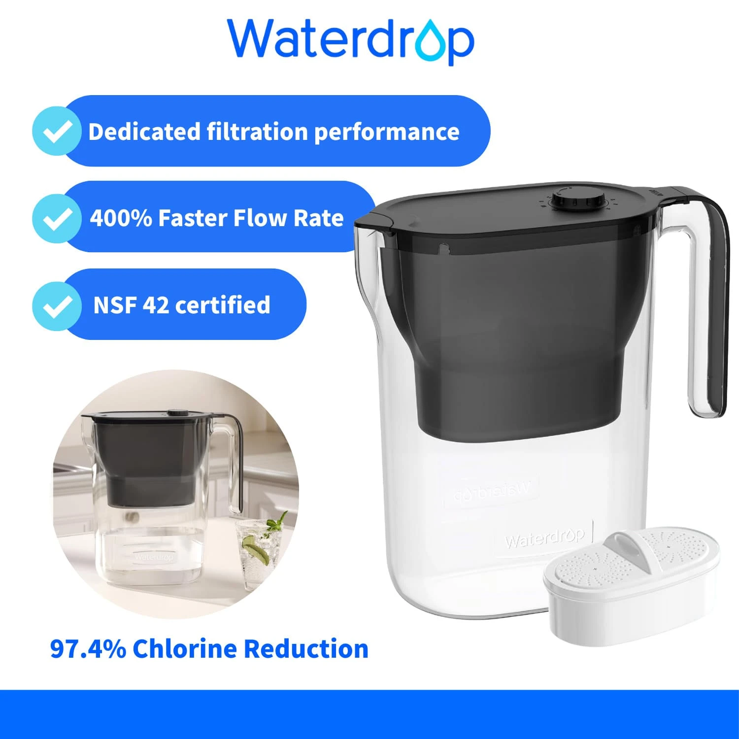 Waterdrop Water Filter Pitcher Refrigerator Water Filter Jug With 3-Month Filter, 2.5 L, Reduces Fluoride, Chlorine, And More, NSF-Certified, Blue (Replacement Filter: WD-PF-01A Plus) - 黑色 - 查看 1